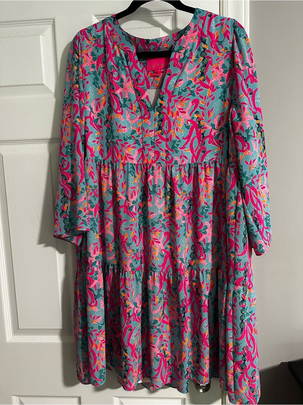 Lilly Pulitzer Teal Floral Tiered Midi Dress with Pink & Yellow Print
